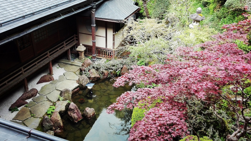L'esterno del tempio Shojoshin-in circondato da giardini zen e laghetto